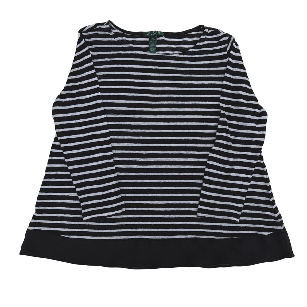 Lauren Ralph Lauren Womens Medium Black White Striped 100% Linen Knit Chiffon‎